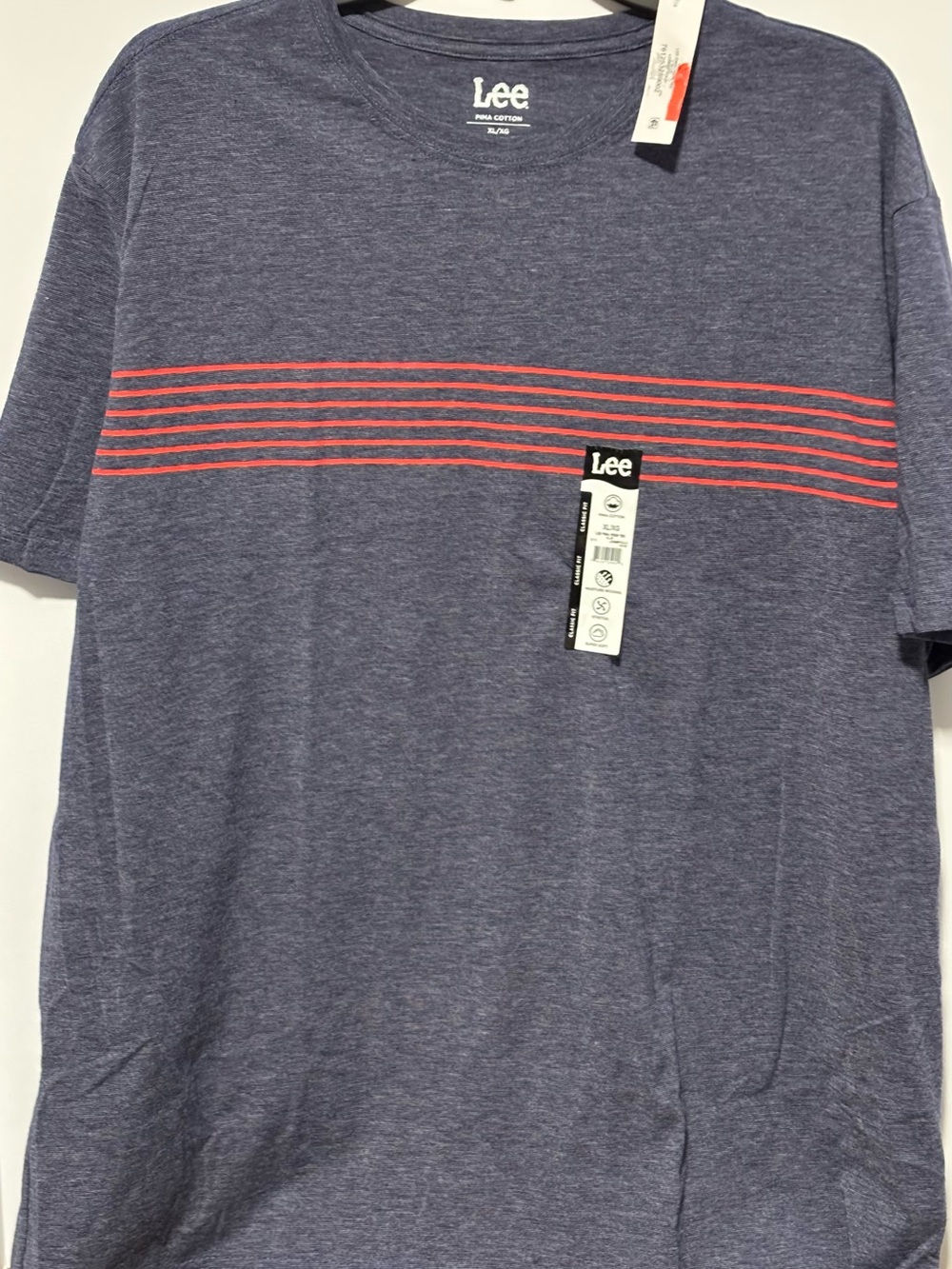 Lee Men’s Heather Blue Tee with Red Chest Stripes